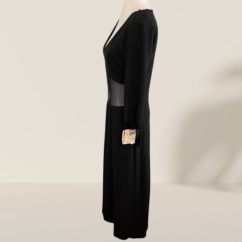 Vintage CDC Elegant Black Evening Gown with Sheer Mesh Panel & Fringe Sleeve - Picture 4 of 9